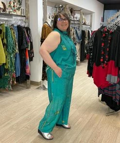 3 Potato Art Print Sleeveless Mock Neck Top, Teal Multi