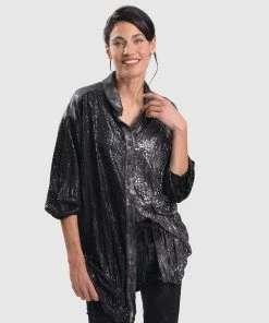 Alembika After Dark Leopard Shimmer Button Front Shirt Blouse, Multi