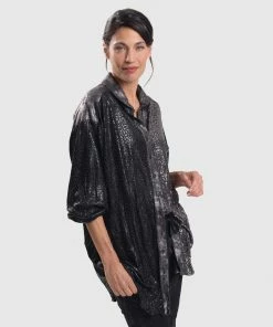 Alembika After Dark Leopard Shimmer Button Front Shirt Blouse, Multi