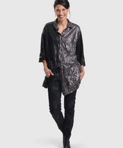 Alembika After Dark Leopard Shimmer Button Front Shirt Blouse, Multi