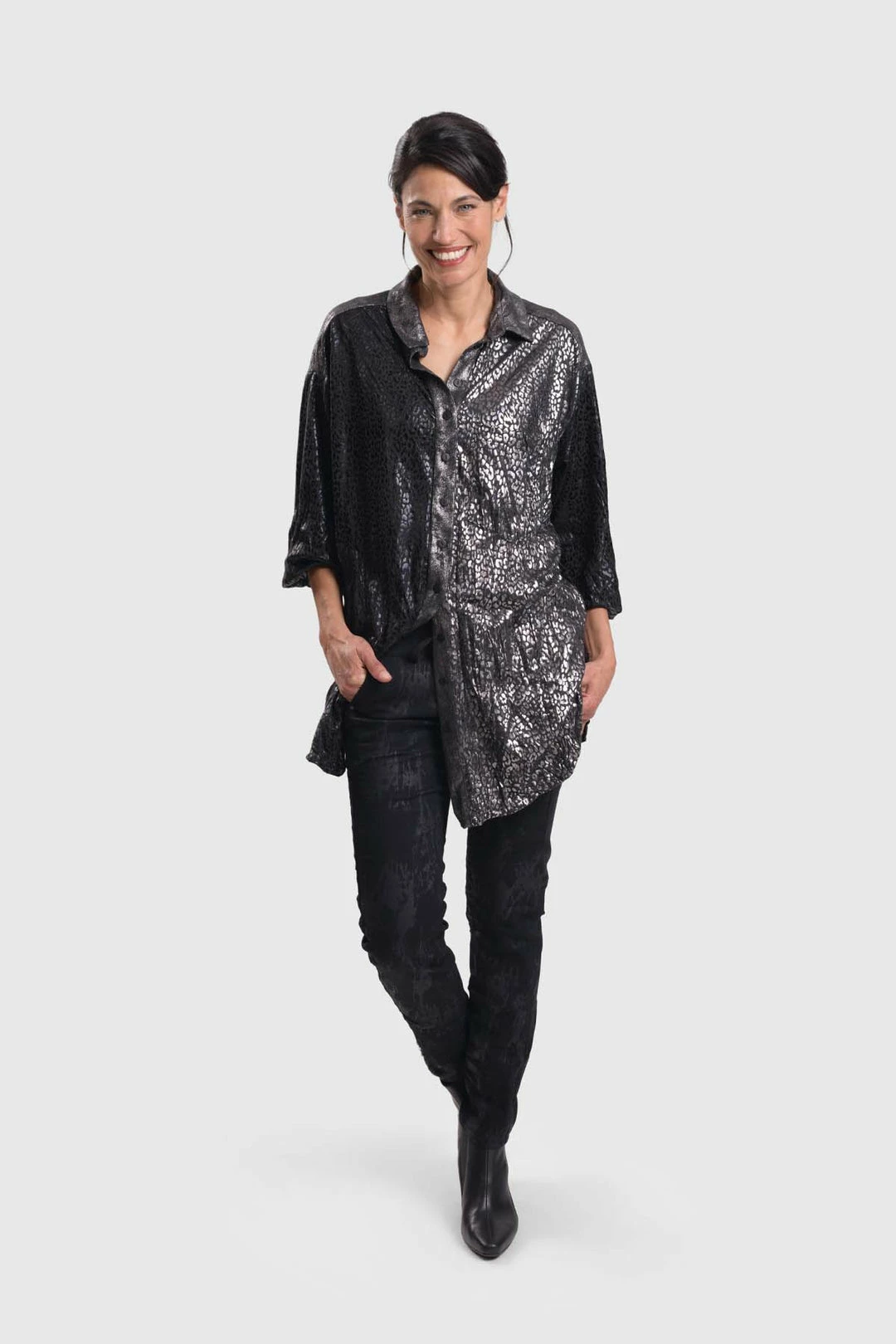 Alembika After Dark Leopard Shimmer Button Front Shirt Blouse, Multi