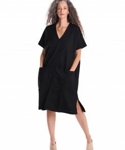 Alembika V Neck Pocket Front Dress, Black