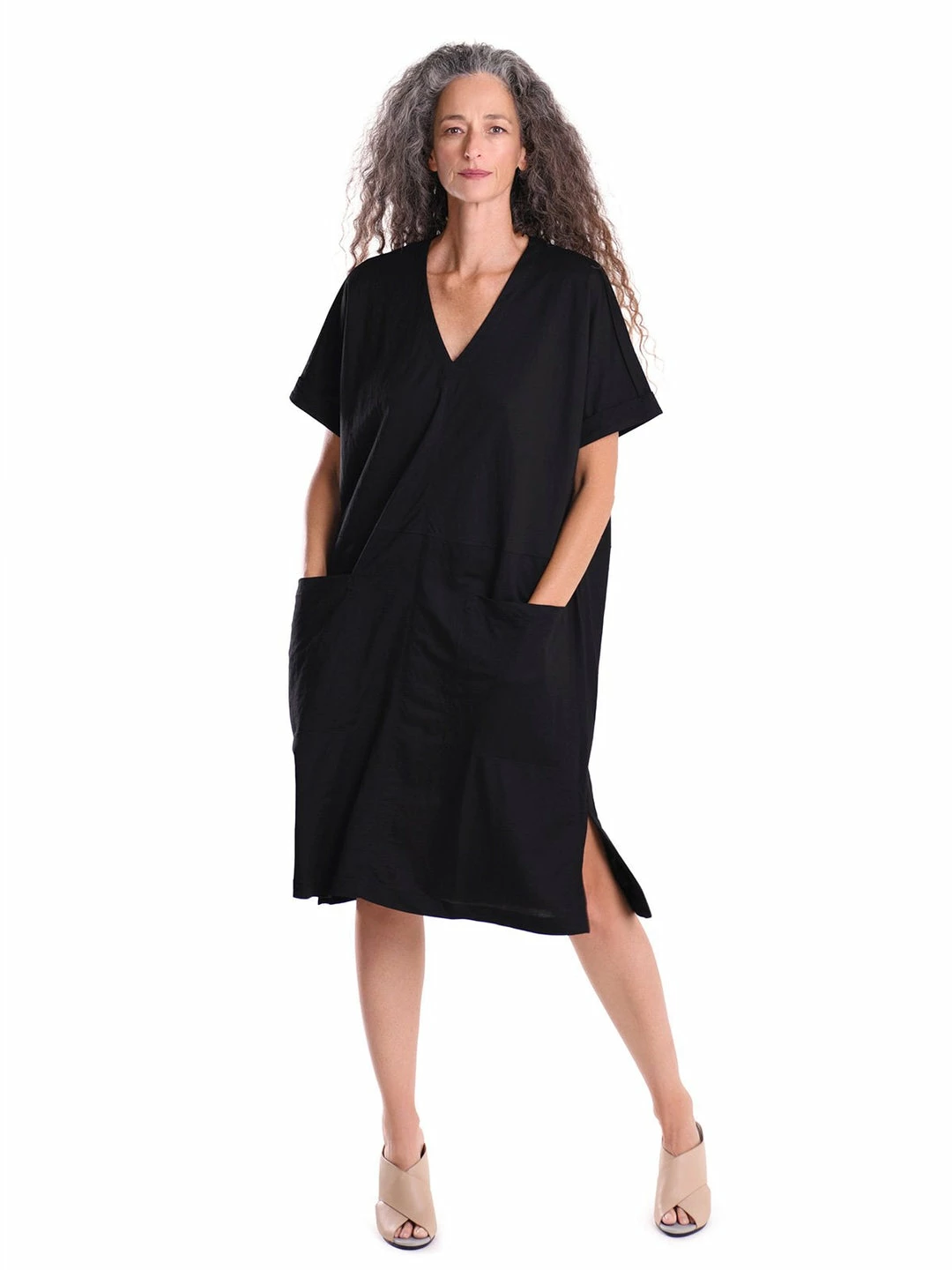 Alembika V Neck Pocket Front Dress, Black