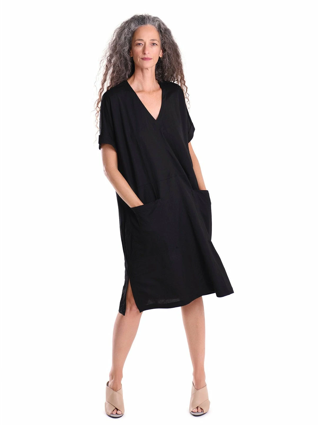 Alembika V Neck Pocket Front Dress, Black