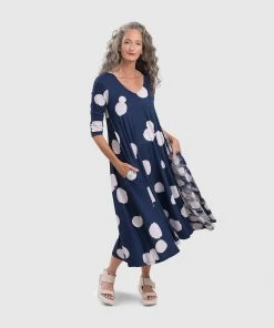 Alembika Alembika Mixed Dot V Neck A-Line Dress, Navy
