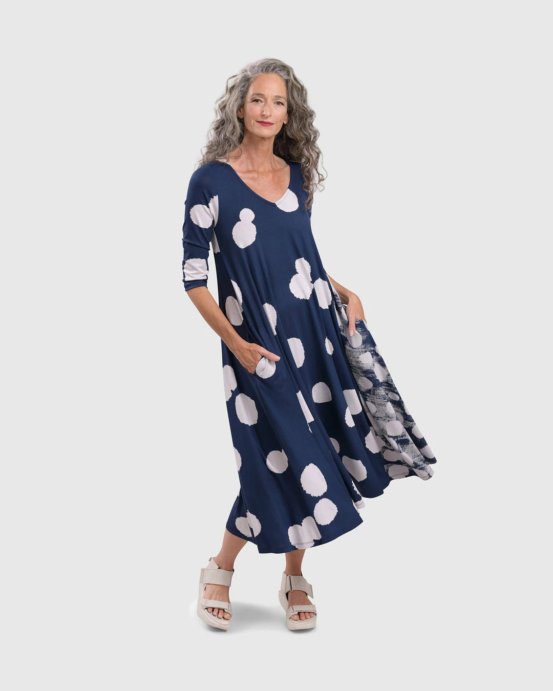 Alembika Alembika Mixed Dot V Neck A-Line Dress, Navy