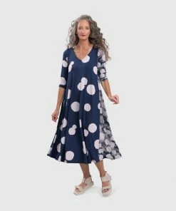 Alembika Alembika Mixed Dot V Neck A-Line Dress, Navy