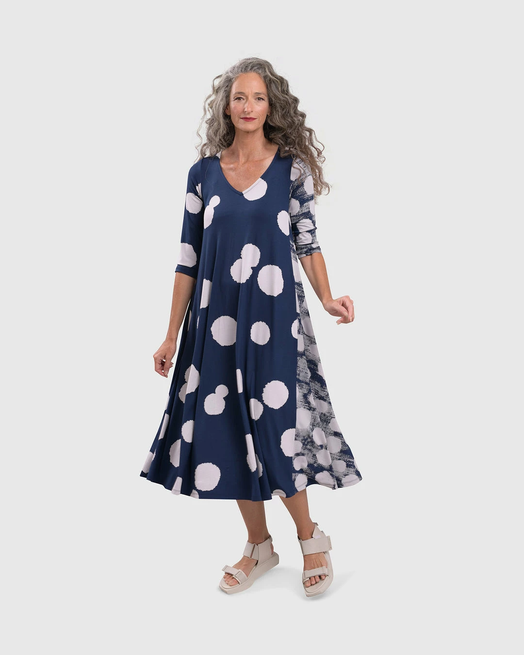 Alembika Alembika Mixed Dot V Neck A-Line Dress, Navy