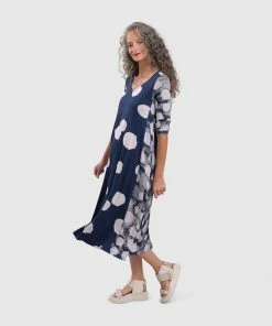 Alembika Alembika Mixed Dot V Neck A-Line Dress, Navy