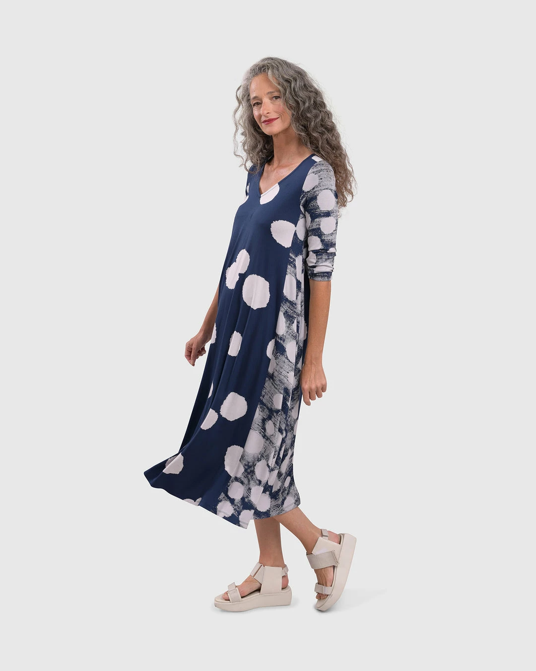 Alembika Alembika Mixed Dot V Neck A-Line Dress, Navy