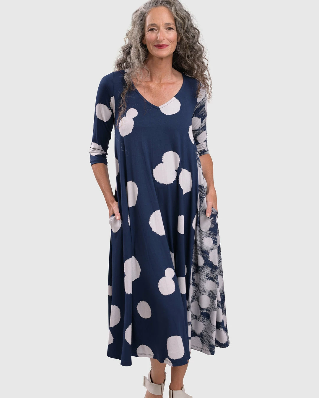 Alembika Alembika Mixed Dot V Neck A-Line Dress, Navy