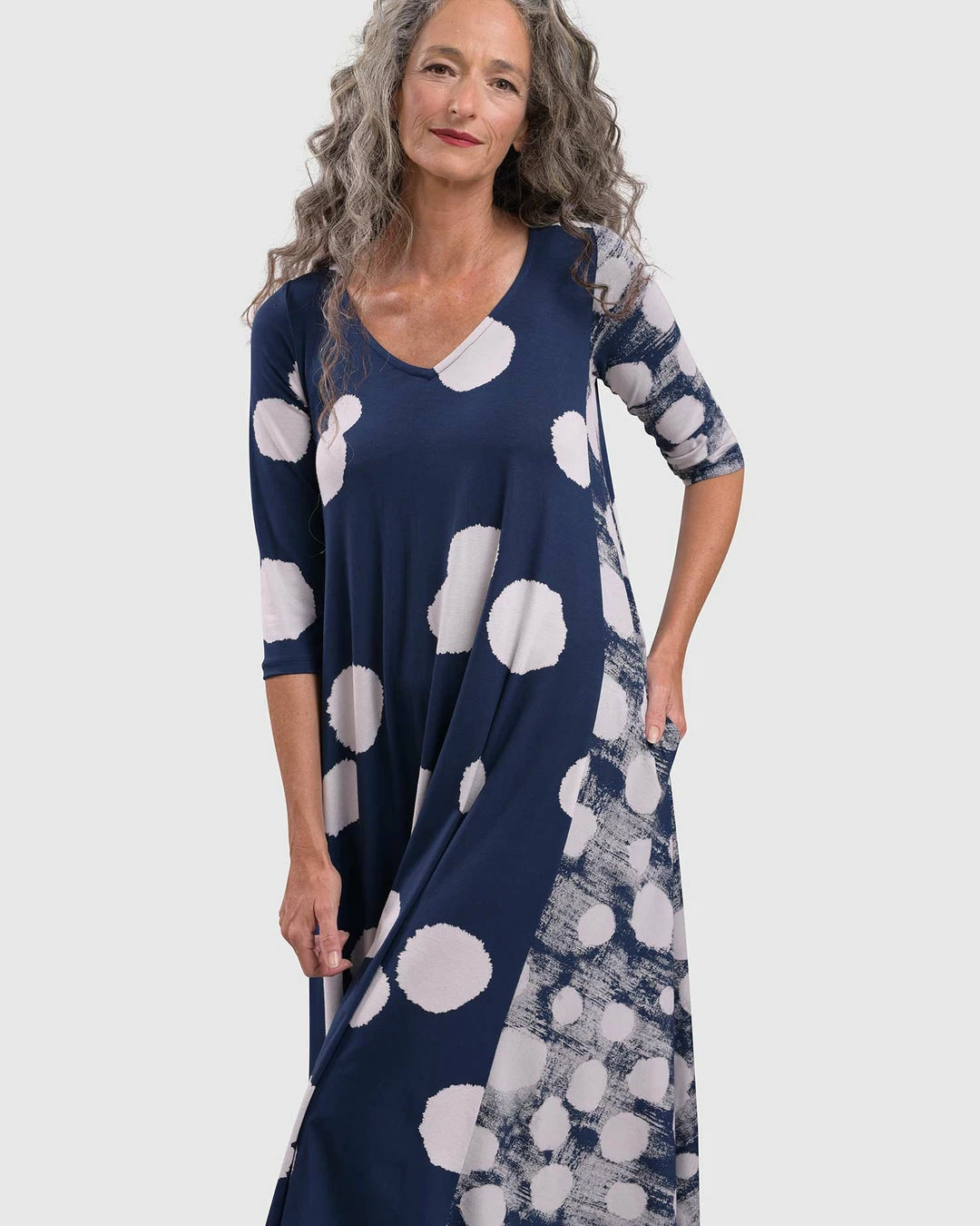 Alembika Alembika Mixed Dot V Neck A-Line Dress, Navy