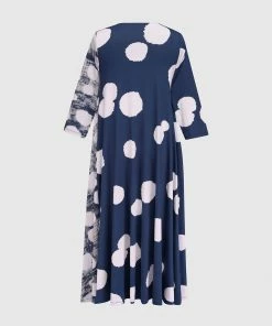 Alembika Alembika Mixed Dot V Neck A-Line Dress, Navy