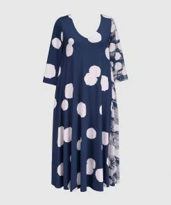 Alembika Alembika Mixed Dot V Neck A-Line Dress, Navy