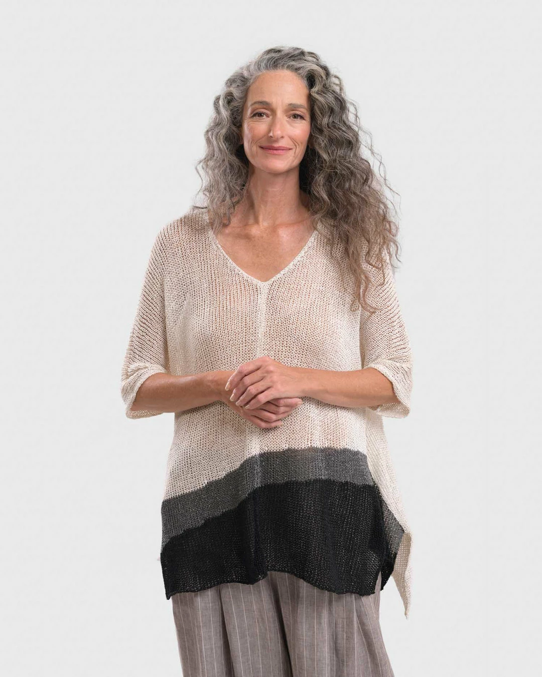 Alembika Open Knit Asymmetric V Neck Sweater, White