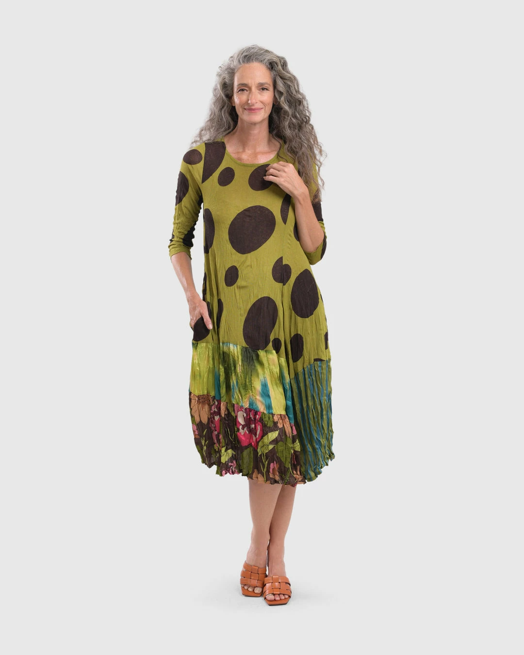 Alembika Satin Crush Trim Dot Mesh Dress, Olive Alembika