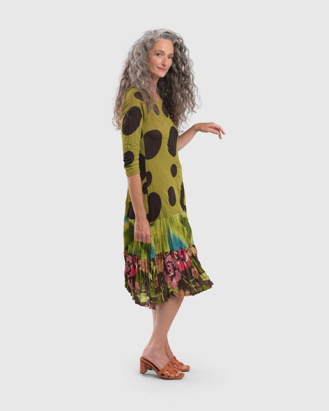 Alembika Satin Crush Trim Dot Mesh Dress, Olive Alembika