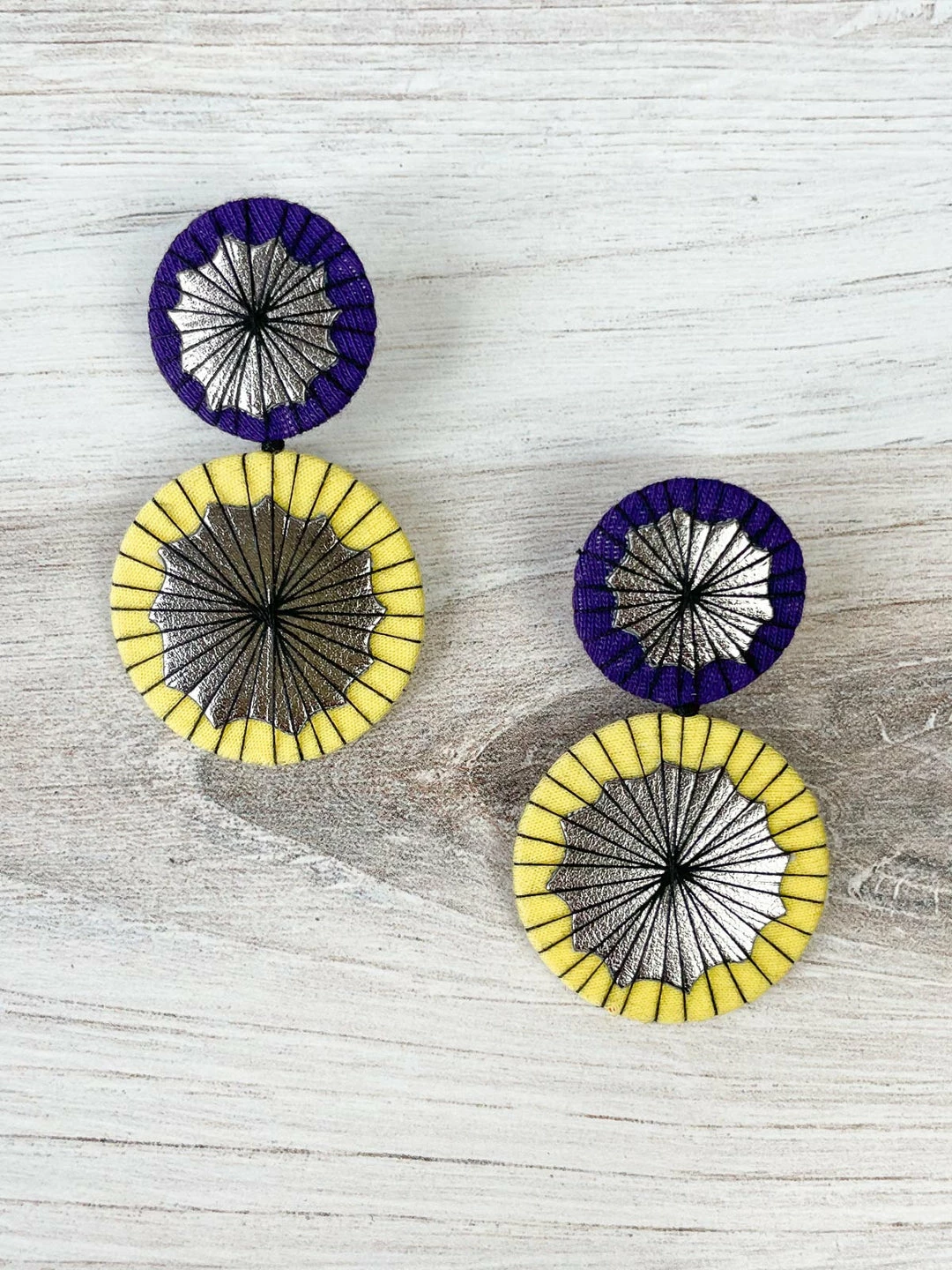 Beyond Threads Double Shiitake Earrings, Purple/Yellow