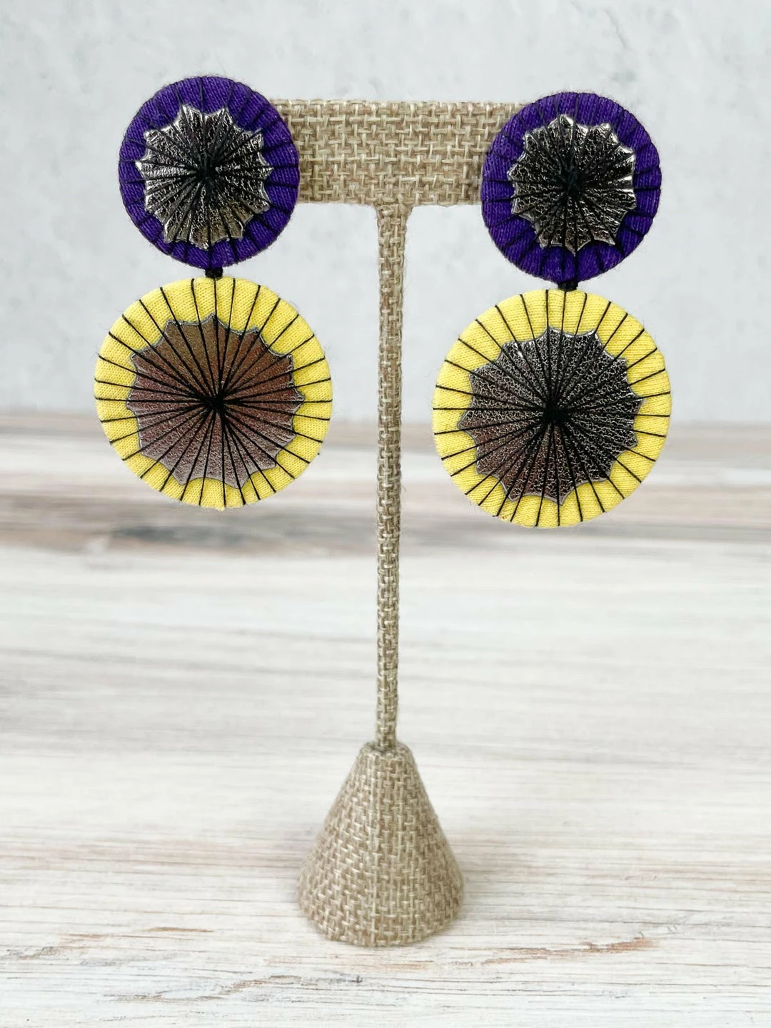 Beyond Threads Double Shiitake Earrings, Purple/Yellow