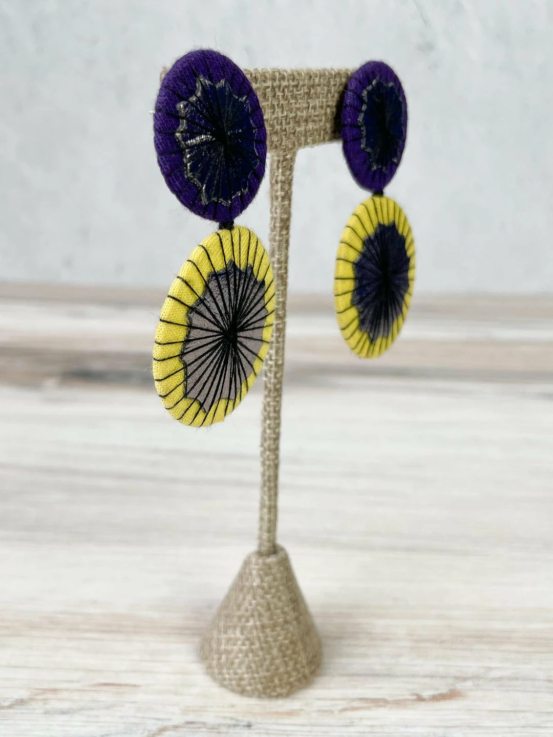 Beyond Threads Double Shiitake Earrings, Purple/Yellow