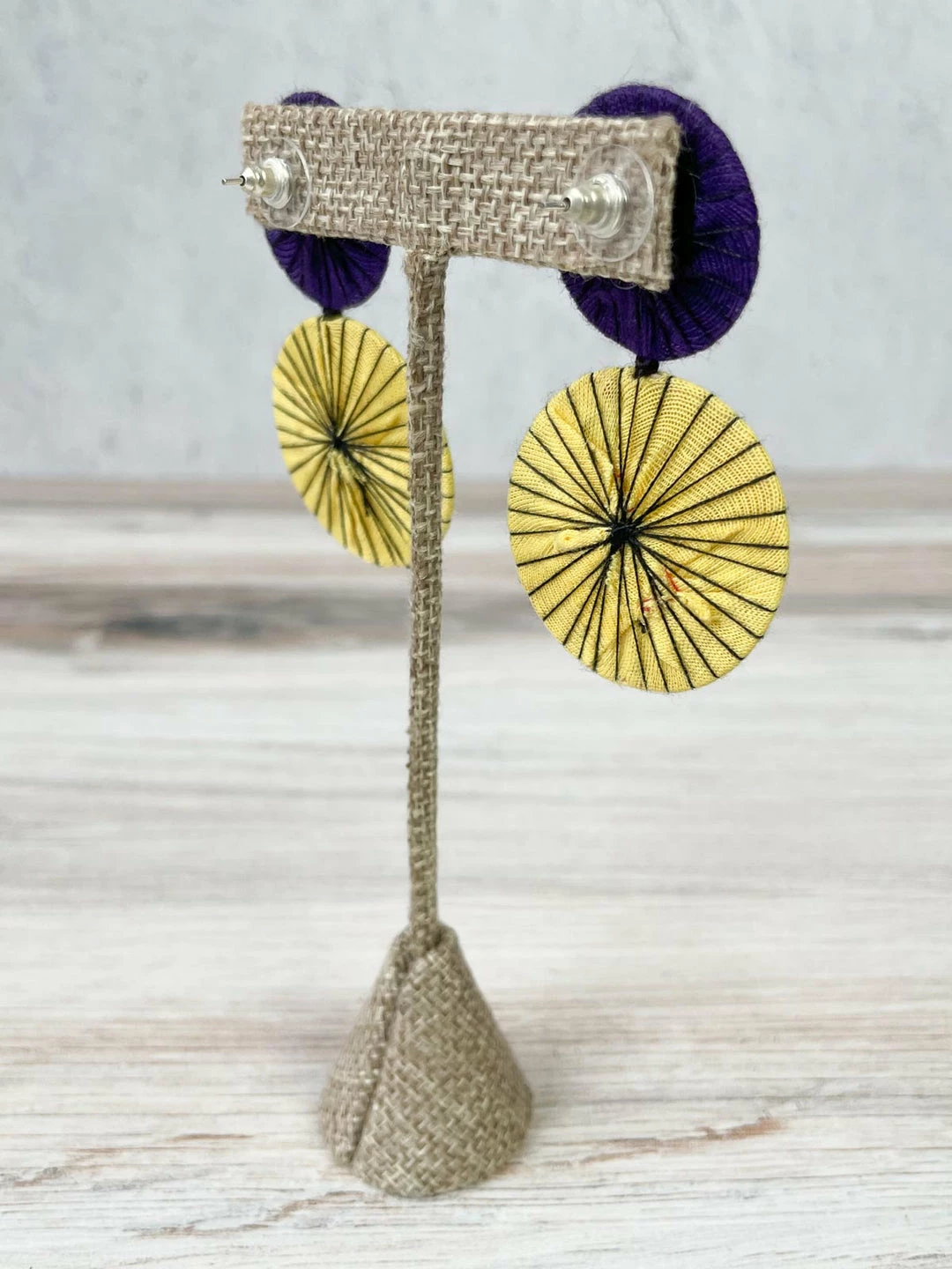 Beyond Threads Double Shiitake Earrings, Purple/Yellow