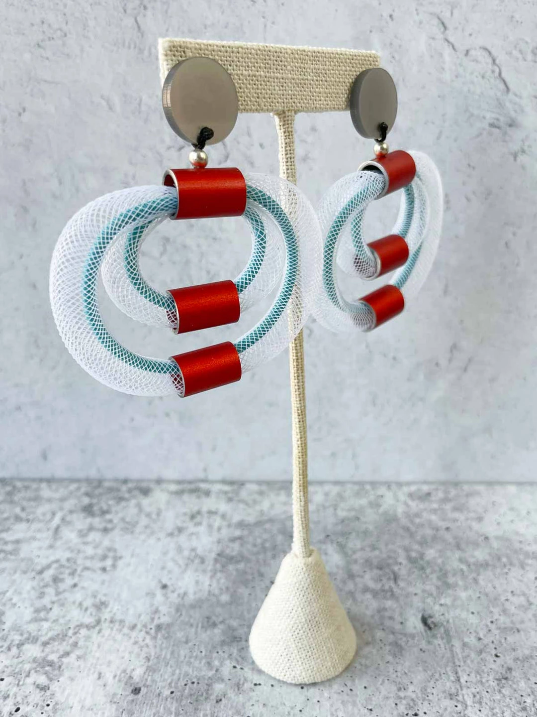 Christina Brampti Large Double Mesh & Cord Hoop Earrings, Red/Turquoise/White Christina Brampti