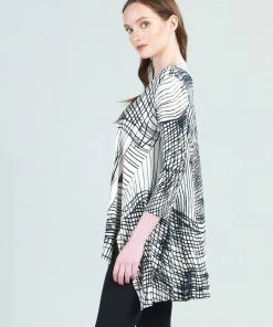 Clara Sunwoo Interlaced Lines V-Neck Hi-Low Envelope Hem Tunic, Bone/Black Clara Sunwoo