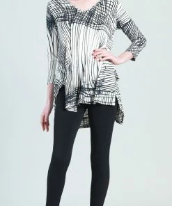 Clara Sunwoo Interlaced Lines V-Neck Hi-Low Envelope Hem Tunic, Bone/Black Clara Sunwoo