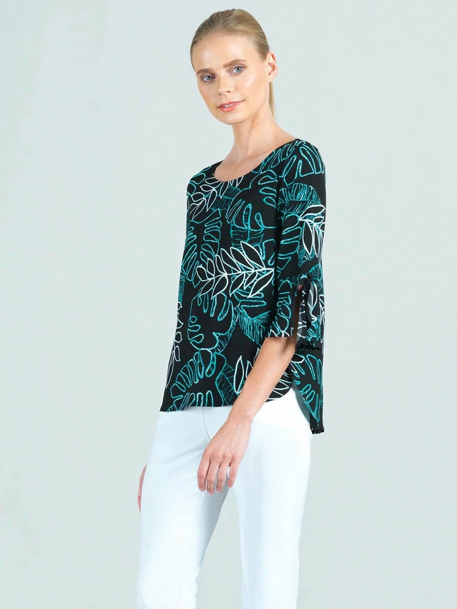 Clara Sunwoo Clara Sunwoo Tropical Leaf Print Tie Cuff Top, Black/Aqua