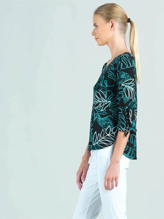 Clara Sunwoo Clara Sunwoo Tropical Leaf Print Tie Cuff Top, Black/Aqua