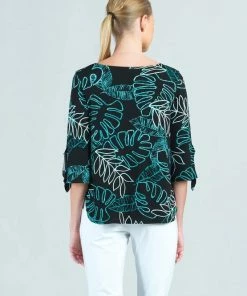 Clara Sunwoo Clara Sunwoo Tropical Leaf Print Tie Cuff Top, Black/Aqua
