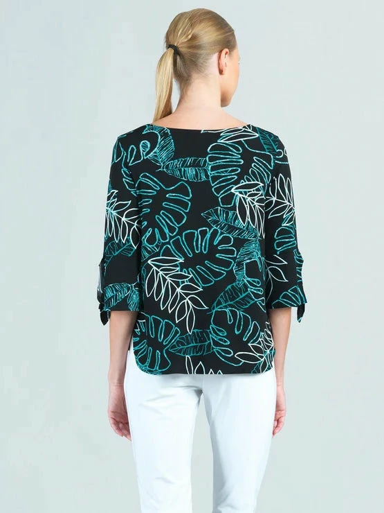 Clara Sunwoo Clara Sunwoo Tropical Leaf Print Tie Cuff Top, Black/Aqua