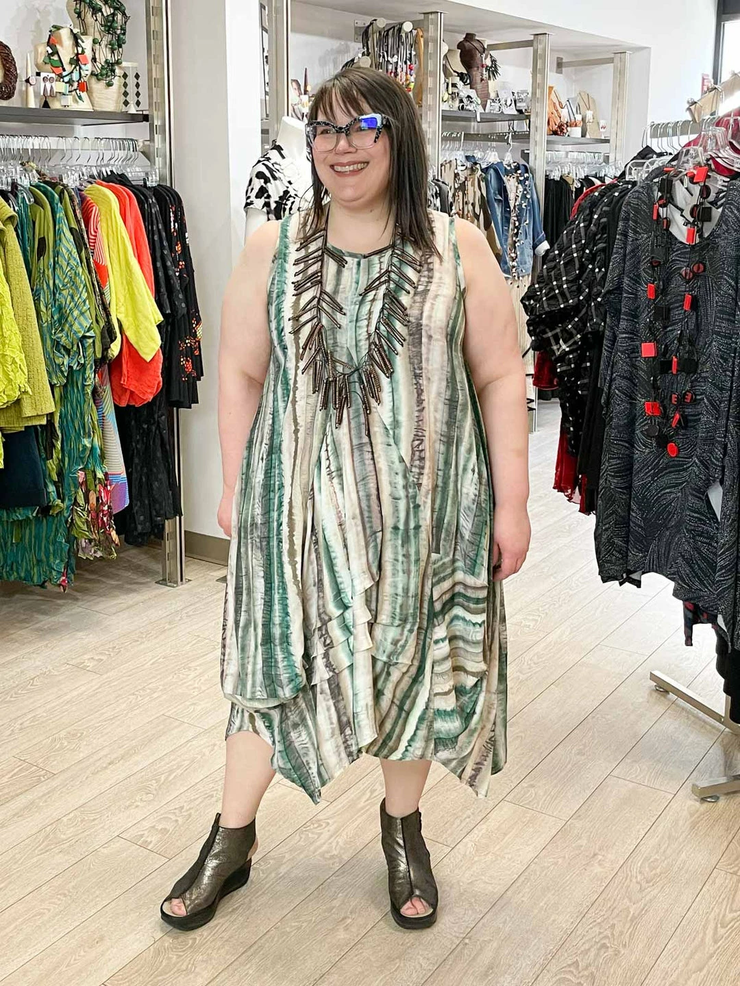 Dress To Kill Glamour Tuck Dress, Green Brown Tie Dye