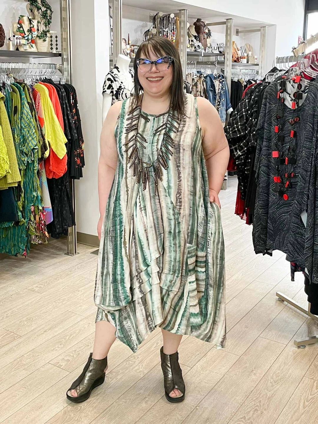 Dress To Kill Glamour Tuck Dress, Green Brown Tie Dye
