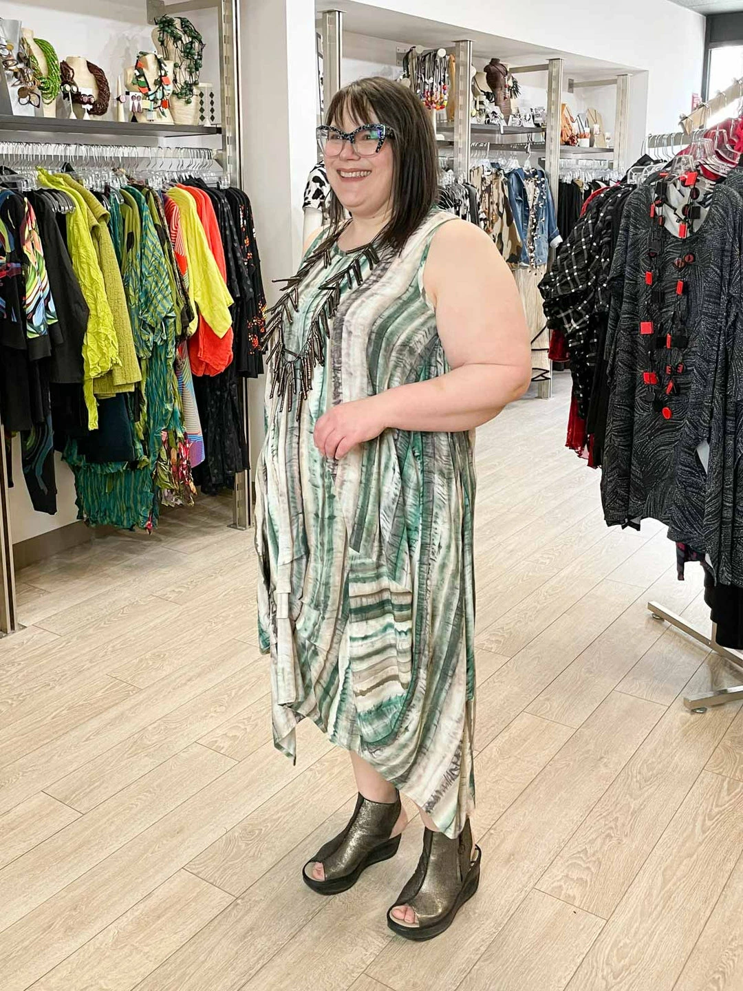 Dress To Kill Glamour Tuck Dress, Green Brown Tie Dye