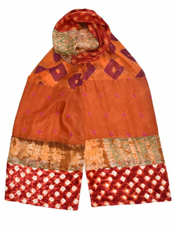 Dupatta Designs Cougar Silk Velvet Patchwork Scarf, Orange