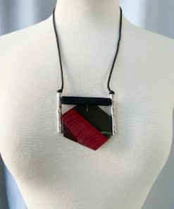 Escape From Paris Geometric Wood Resin Metal Tube Necklace, Ruby