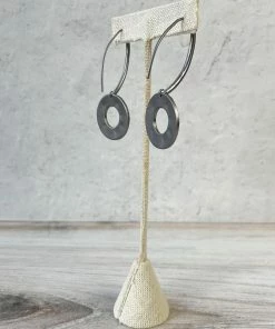 Escape From Paris Textured Circle Long Wire Drop Earrings, Gunmetal