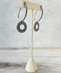 Escape From Paris Textured Circle Long Wire Drop Earrings, Gunmetal