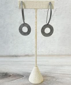 Escape From Paris Textured Circle Long Wire Drop Earrings, Gunmetal