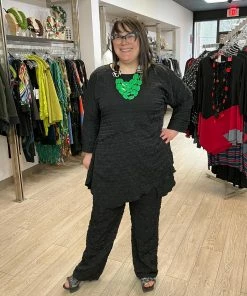 IC Collection Check Pucker Asymmetric Seam Pocket Tunic, Black IC Collection