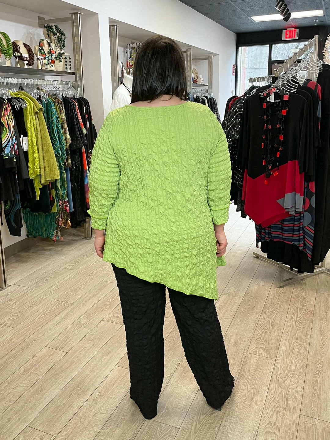 IC Collection Check Pucker Asymmetric Side Drape Top, Apple IC Collection