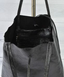 Jijou Capri Metallic Leather Tote Bag, Black