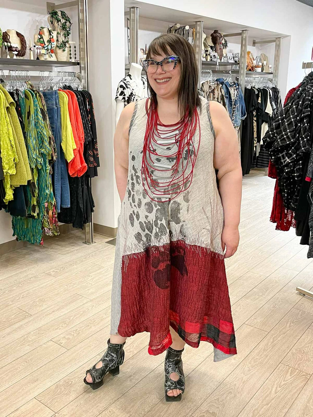 Mara Gibbucci Sleeveless Printed Patchwork Dress, Grey/Red Mara Gibbucci