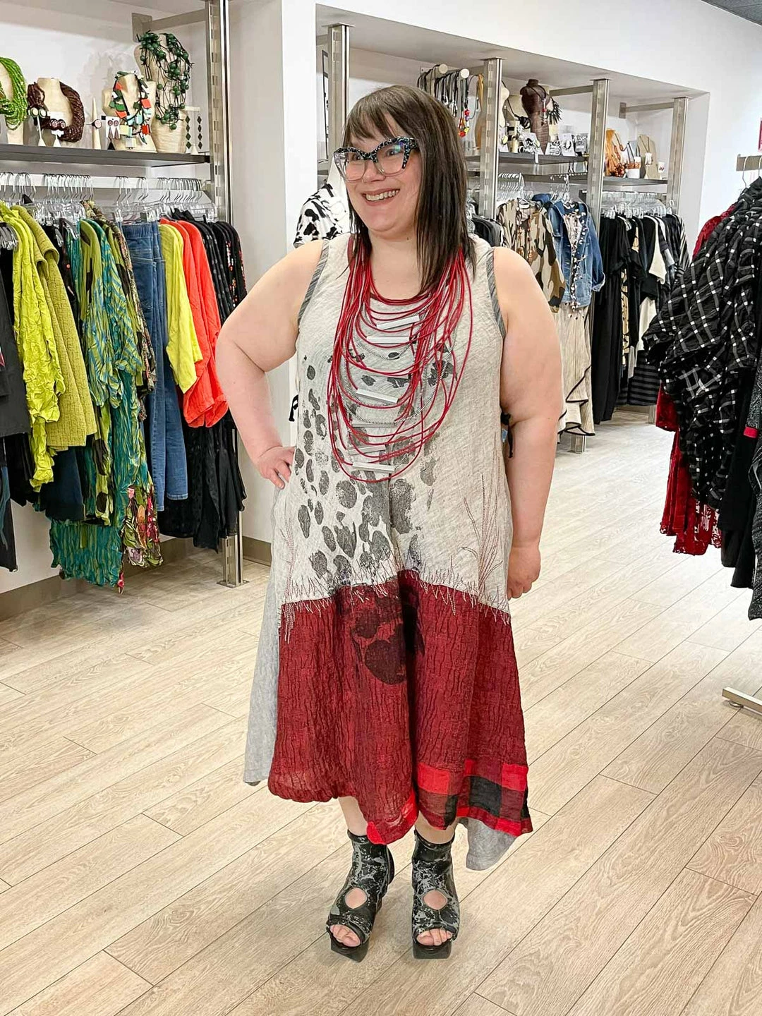 Mara Gibbucci Sleeveless Printed Patchwork Dress, Grey/Red Mara Gibbucci