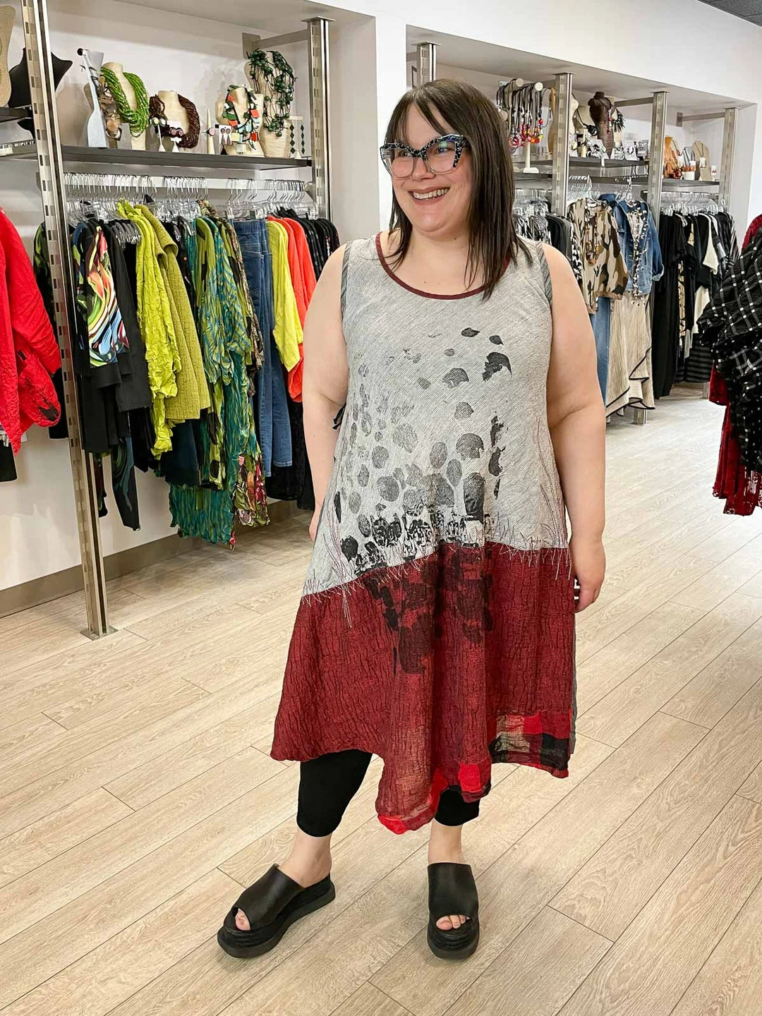 Mara Gibbucci Sleeveless Printed Patchwork Dress, Grey/Red Mara Gibbucci