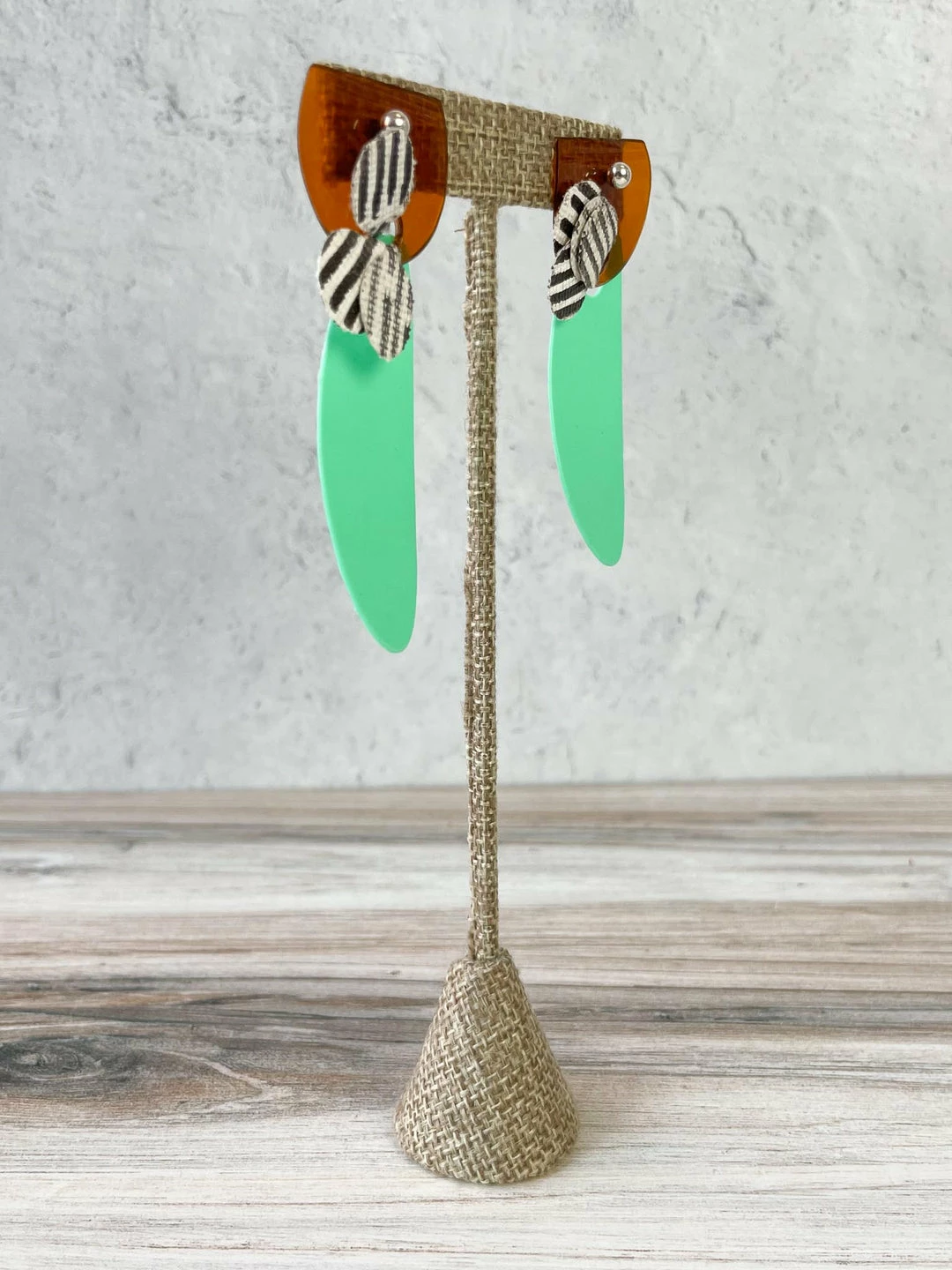 Pattern Gems Elongated Oval Earrings, Clear Orange/Mint