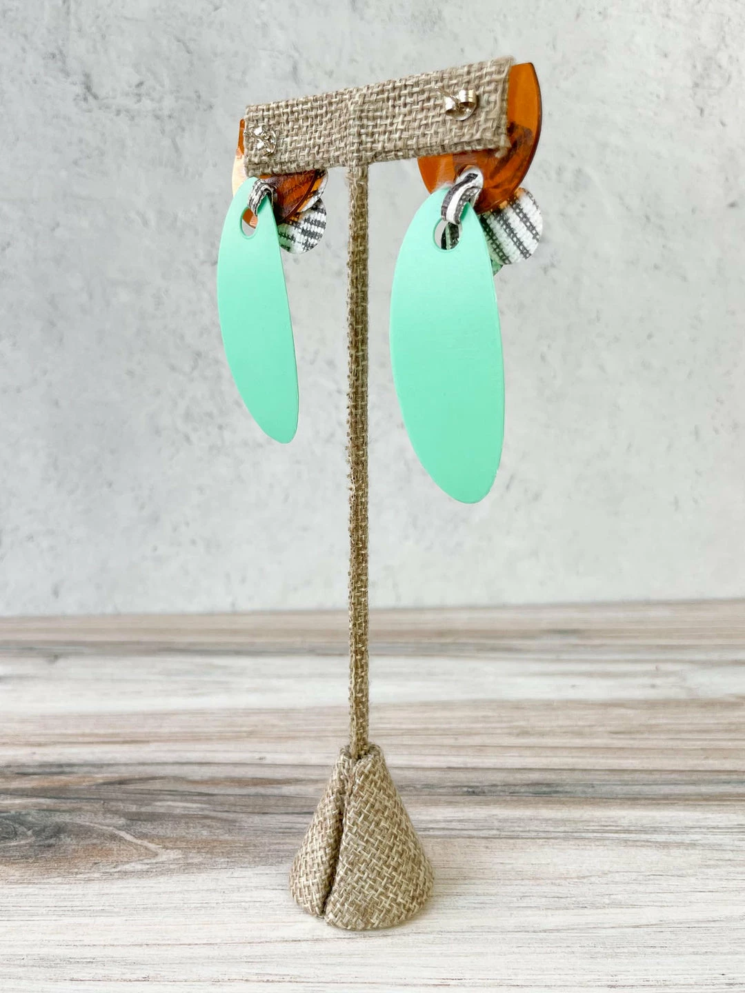 Pattern Gems Elongated Oval Earrings, Clear Orange/Mint