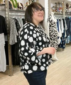 Pure Essence Dot Print Oversized Roll Tab Sleeve Top, Black/Sand Pure Essence