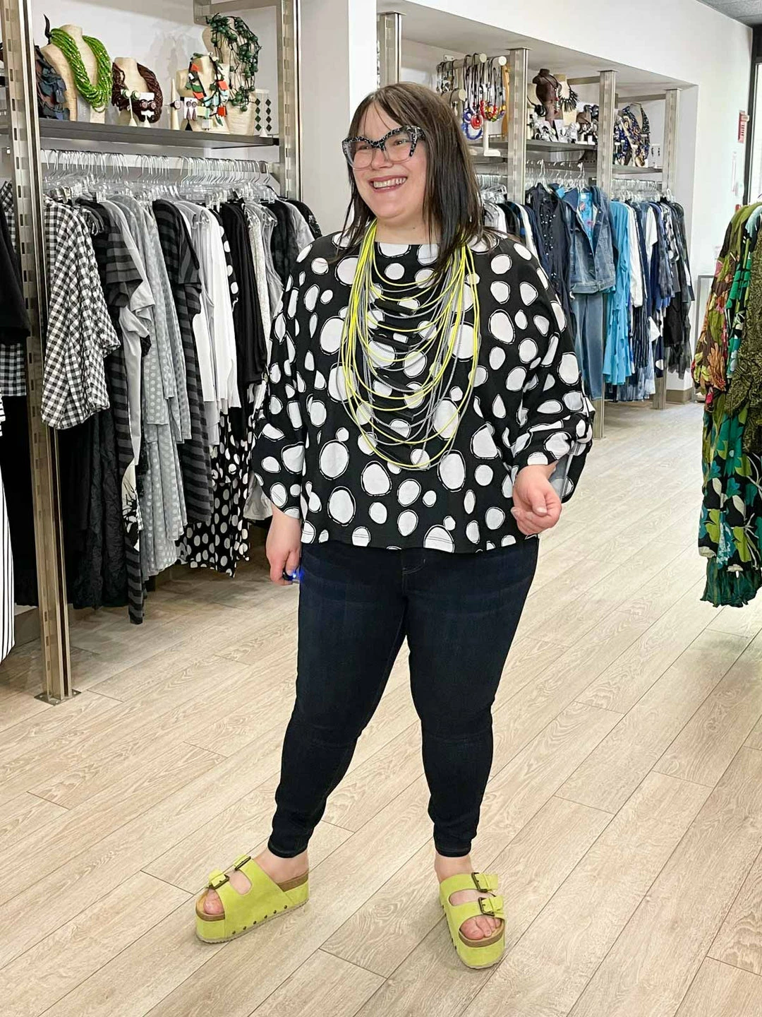 Pure Essence Dot Print Oversized Roll Tab Sleeve Top, Black/Sand Pure Essence